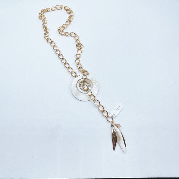 Akola Gold Chain Necklace With Mother-Of-Pearl Circle Pendant & Dangling Leaf Ch - Picture 1 of 8